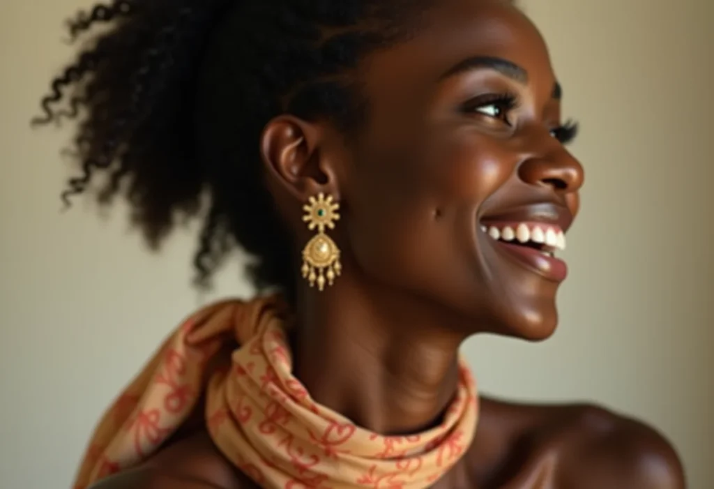 Mulher sorrindo com acessórios que valorizam o look