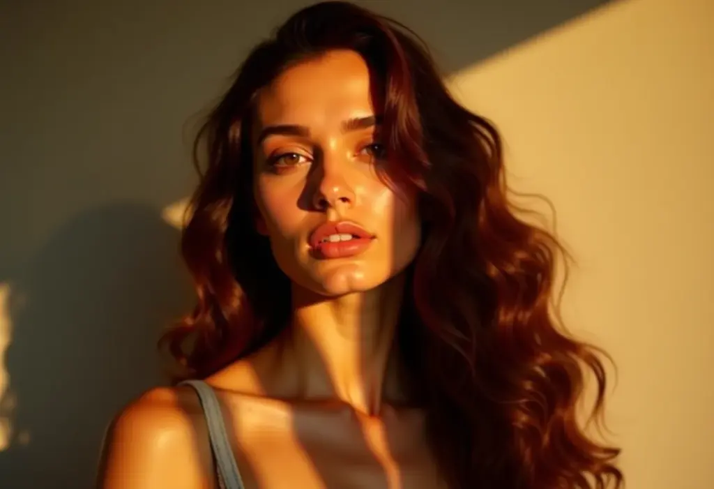 Mulher sorrindo com cabelo acaju brilhante