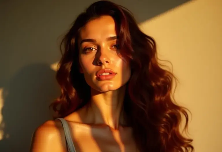 Mulher sorrindo com cabelo acaju brilhante