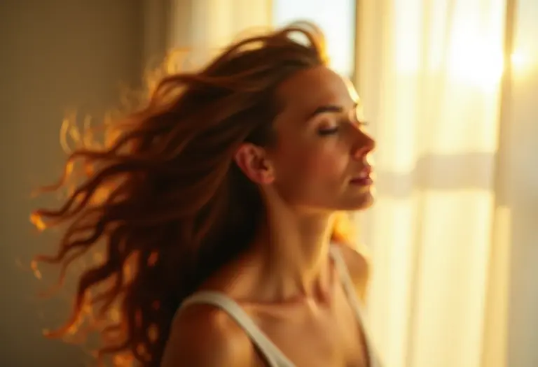 Mulher sorrindo com cabelo liso e saudável sob luz natural