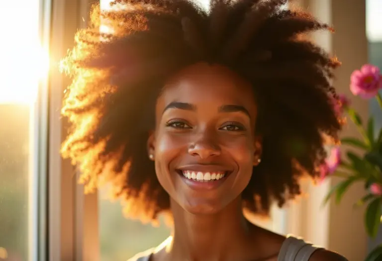Mulher sorrindo com cabelo saudável e brilhante sob a luz do sol na primavera