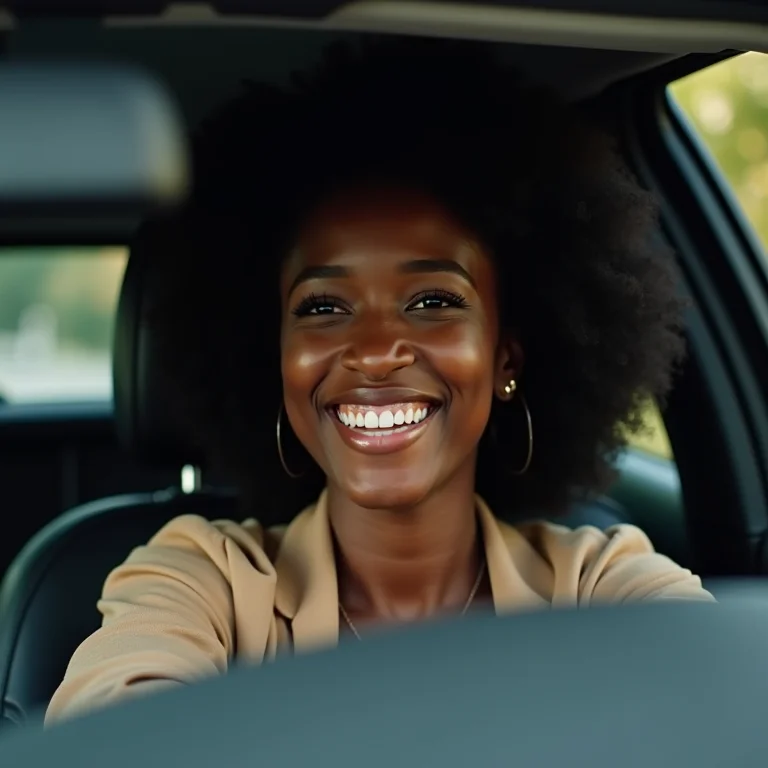 Mulher sorrindo dentro do carro, com foco na sua expressão feliz