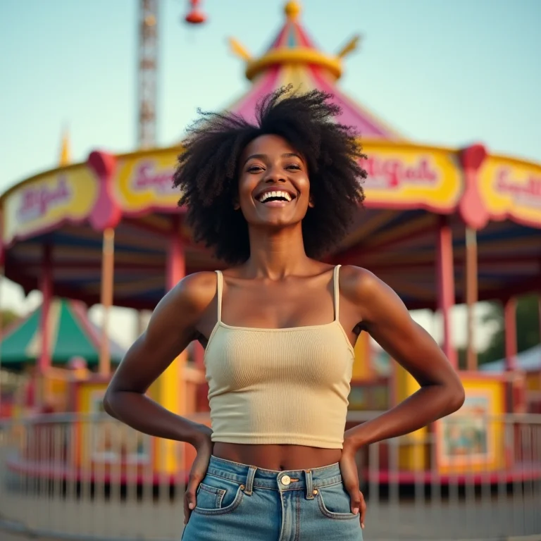 Mulher sorrindo despreocupadamente em frente a atração fechada em parque de diversões.