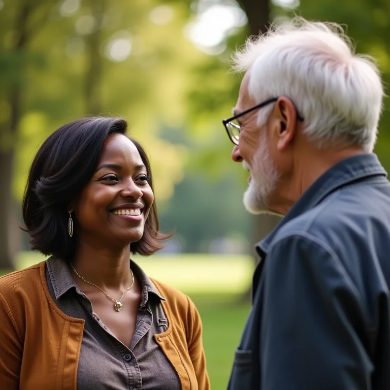 Mulher sorrindo e conversando com um senhor em um parque.