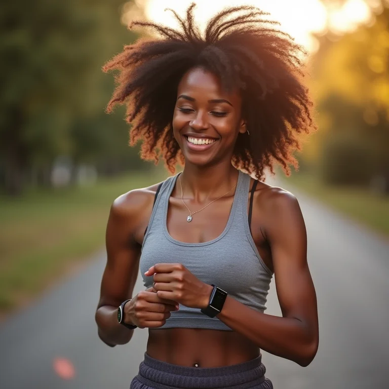 Mulher sorrindo e verificando seu rastreador de atividade física após a corrida