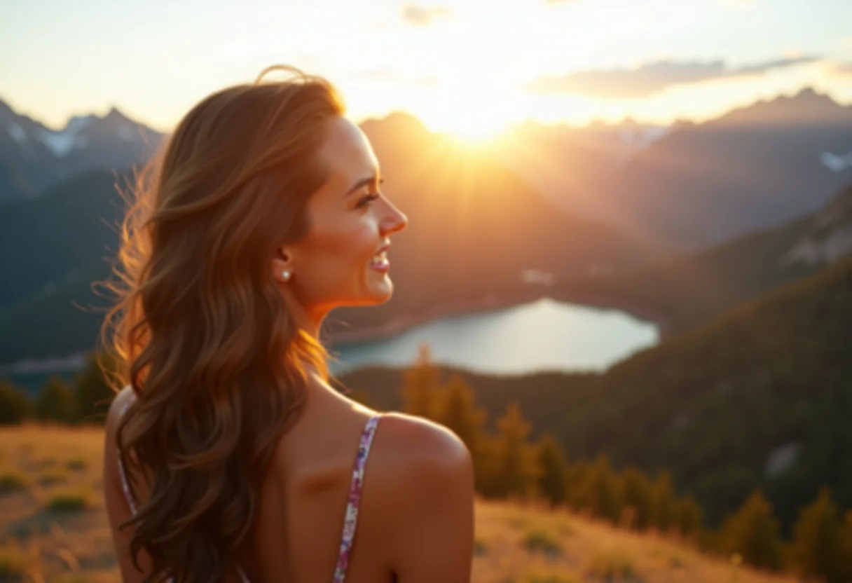 Mulher sorrindo em paisagem de viagem