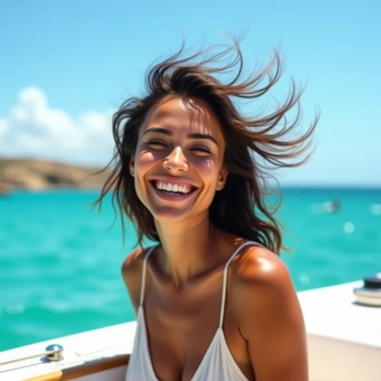 Mulher sorrindo em passeio de barco em Arraial do Cabo