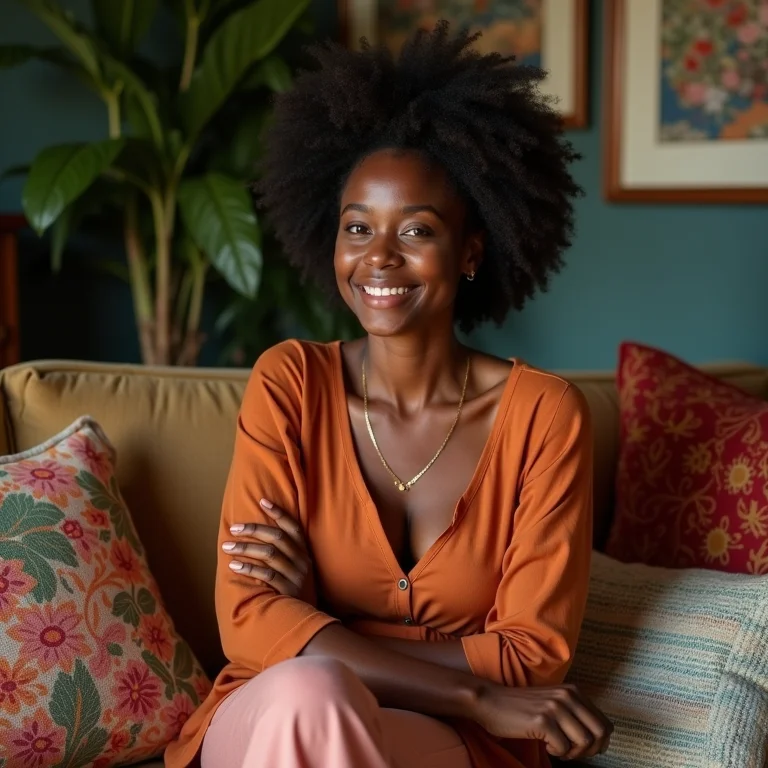 Mulher sorrindo em sala clássica com toques de cor