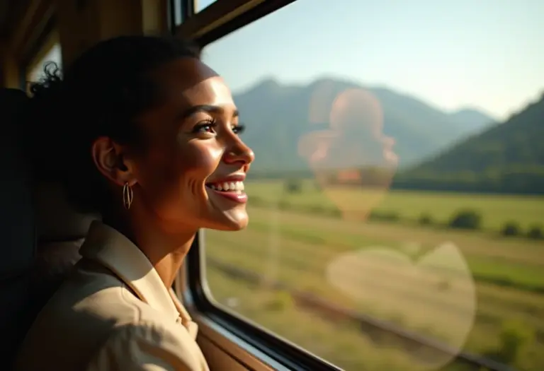Mulher sorrindo em trem durante viagem solo