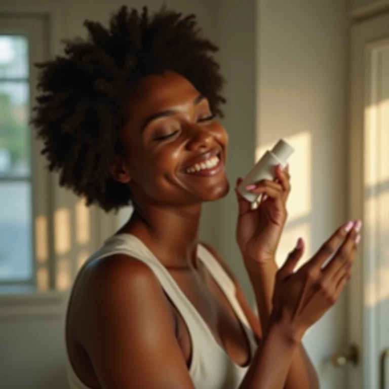 Mulher sorrindo enquanto aplica desodorante.