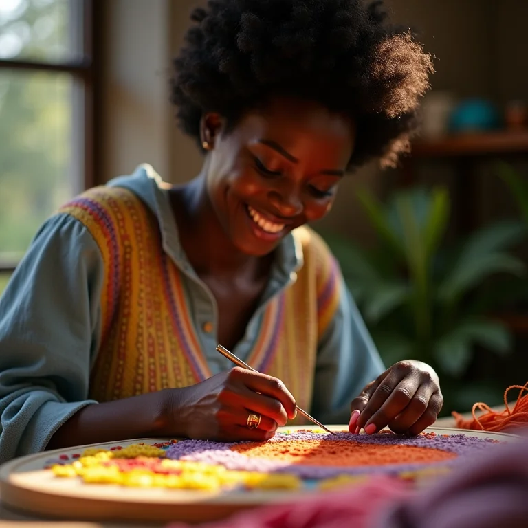 Mulher sorrindo enquanto borda