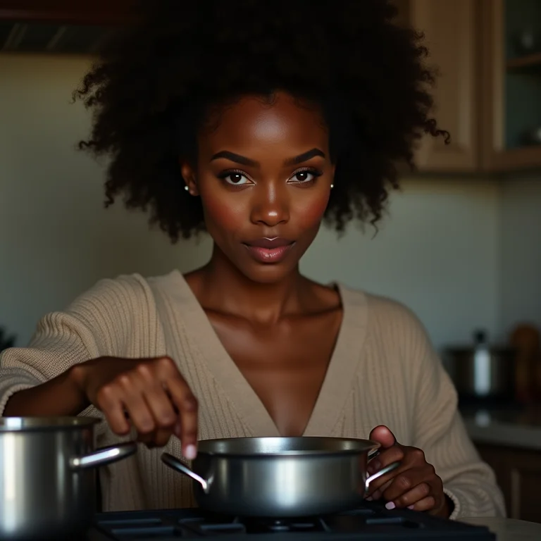 Mulher sorrindo enquanto cozinha.