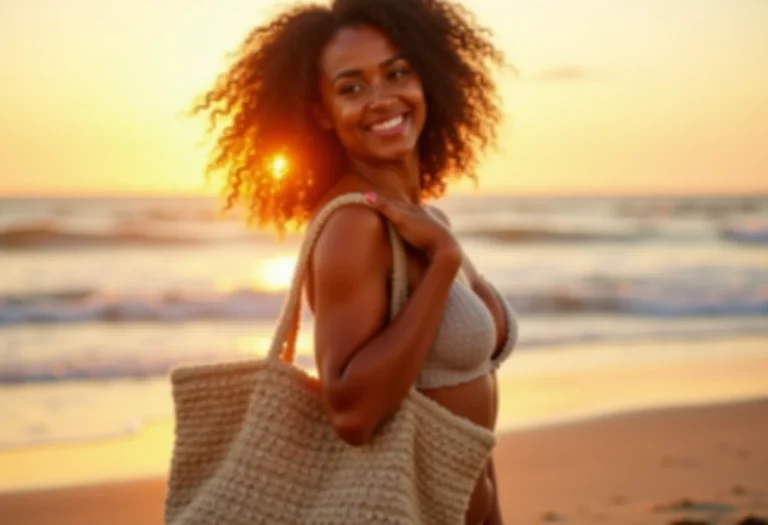 Mulher sorrindo na praia com bolsa de crochê artesanal