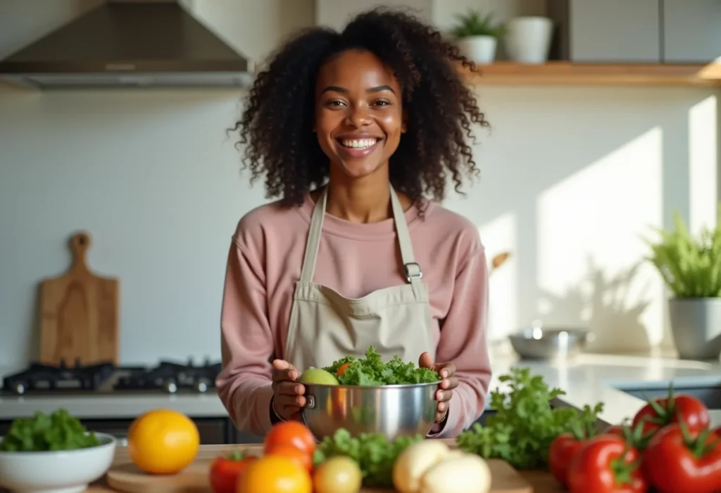 Mulher sorrindo preparando comida saudável