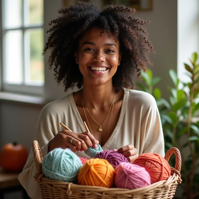 Mulher sorrindo segurando agulhas de crochê e fios coloridos.