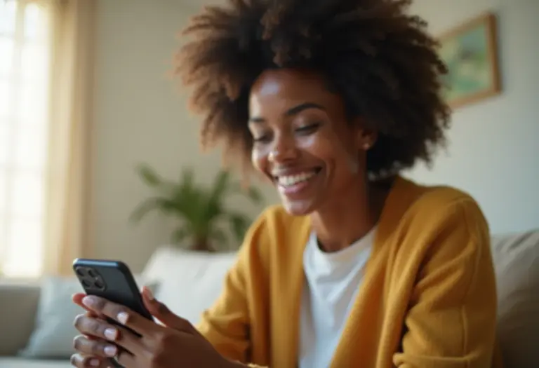Mulher sorrindo segurando celular em ambiente calmo, representando terapia online