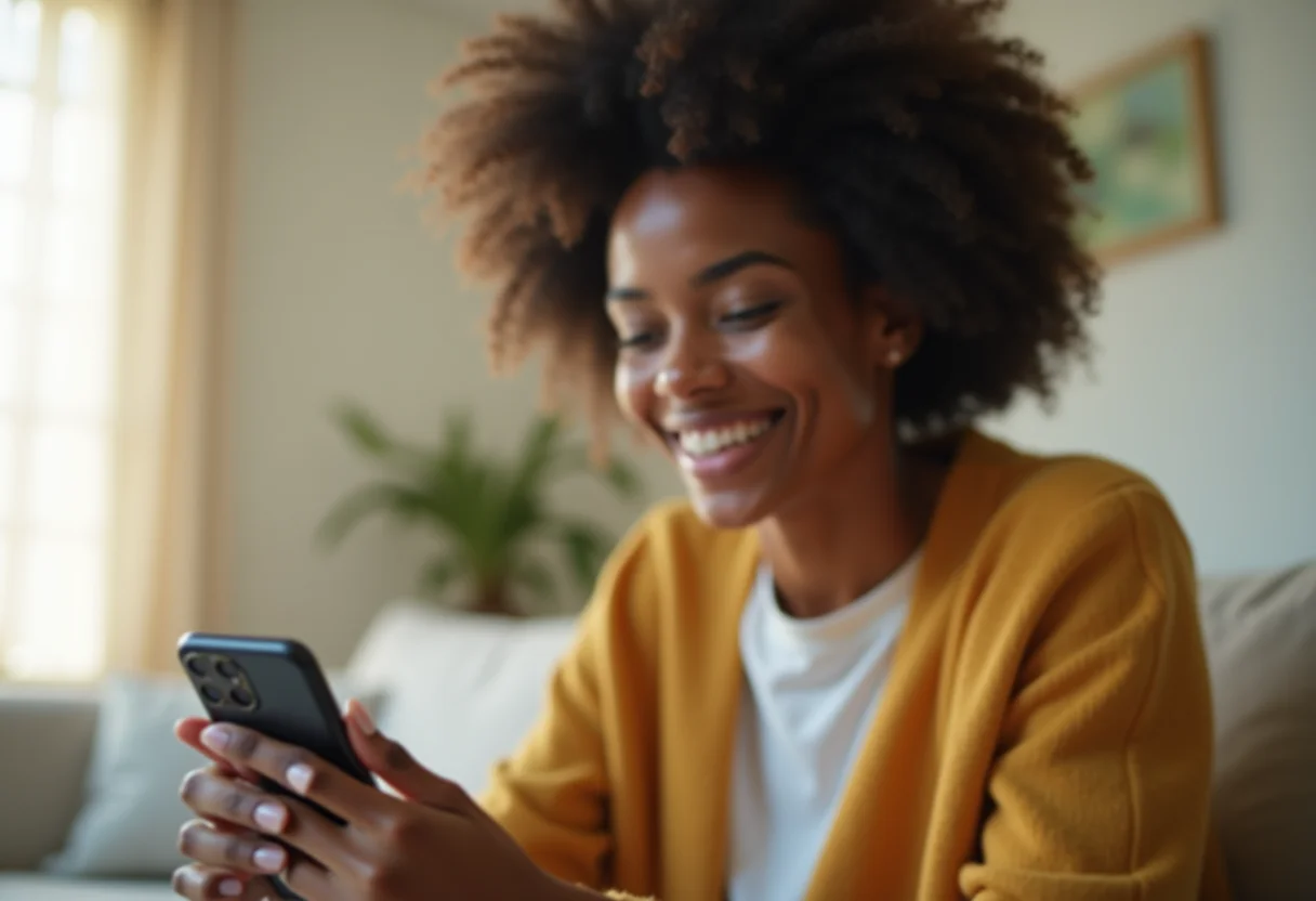 Mulher sorrindo segurando celular em ambiente calmo, representando terapia online