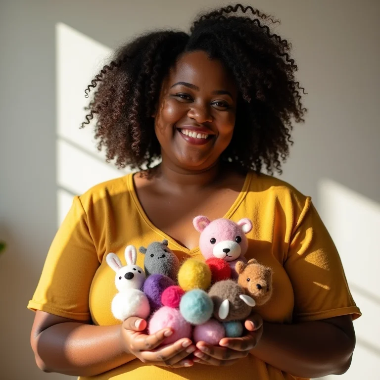 Mulher sorrindo segurando uma coleção de artesanatos em feltro.