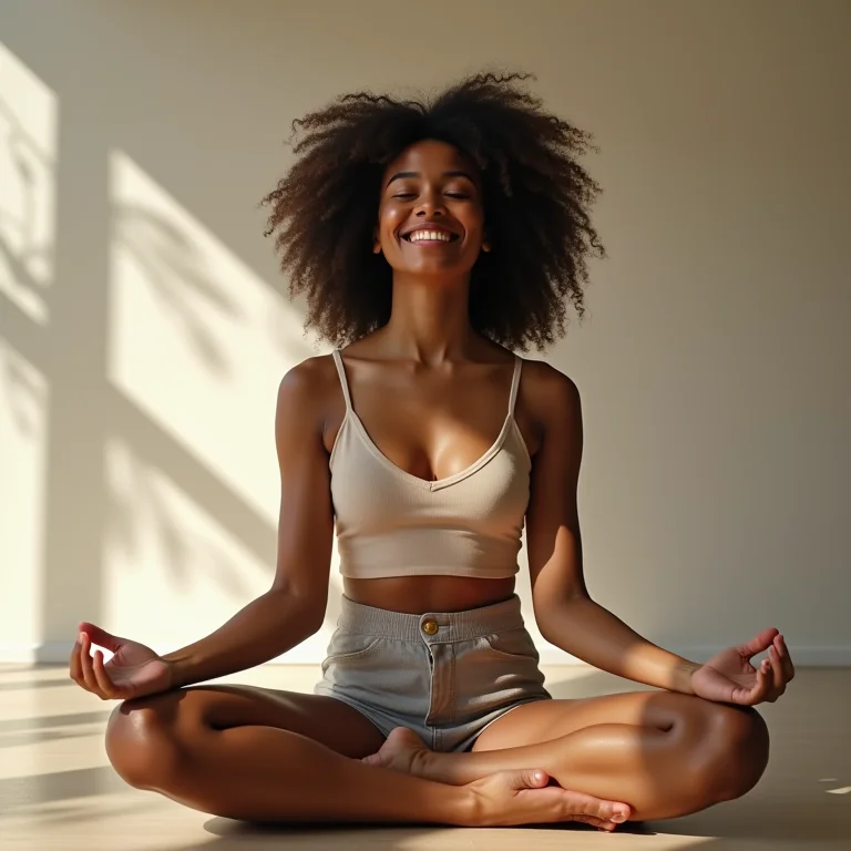 Mulher sorrindo serenamente durante meditação