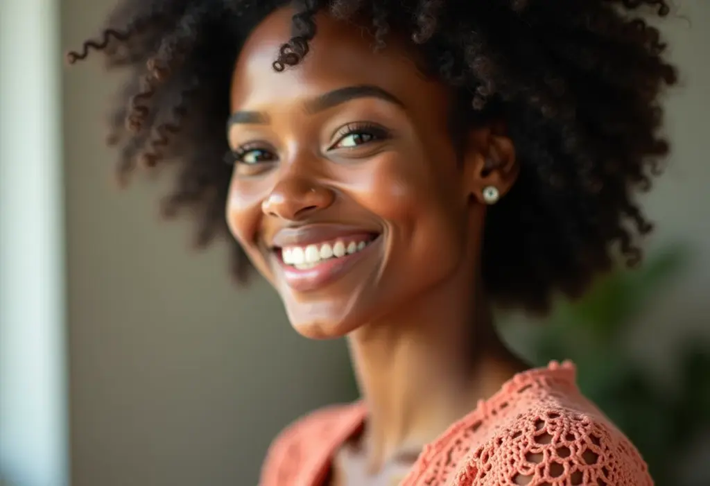Mulher sorrindo usando blusa de crochê estilosa
