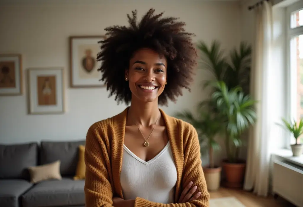 Mulher sorrindo usando cardigan estiloso em apartamento iluminado