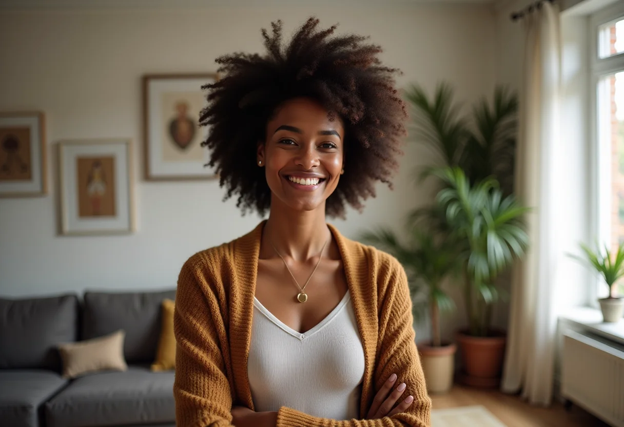 Mulher sorrindo usando cardigan estiloso em apartamento iluminado