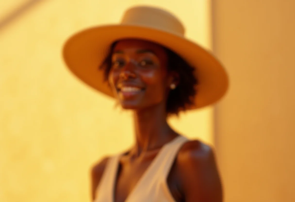 Mulher sorrindo usando chapéu de sol estiloso