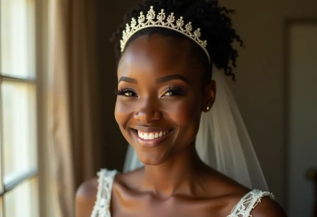 Mulher sorrindo usando tiara delicada no cabelo