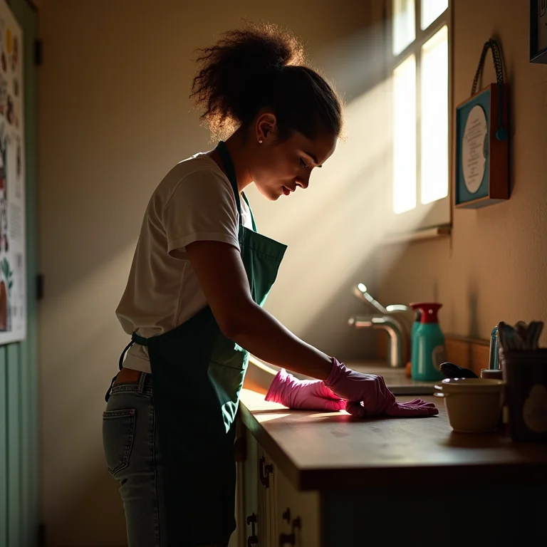Mulher trabalhando diligentemente limpando um abrigo de animais