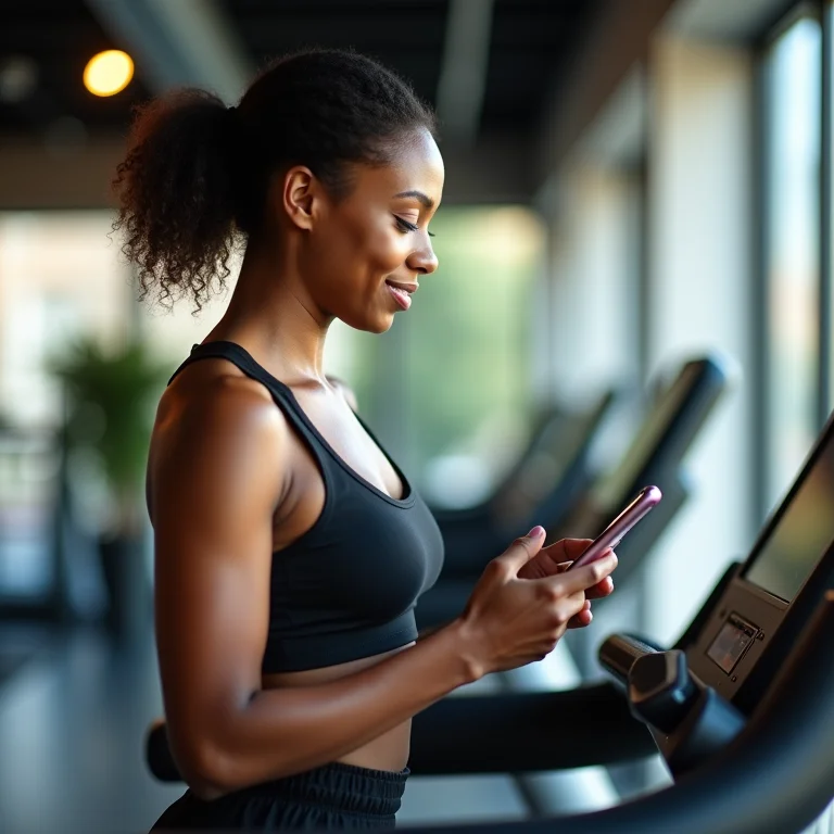Mulher usando aplicativo de fitness na esteira