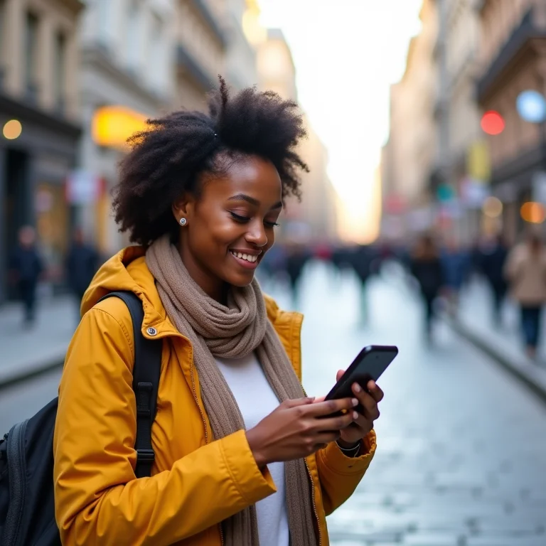 Mulher usando aplicativo de viagem na rua