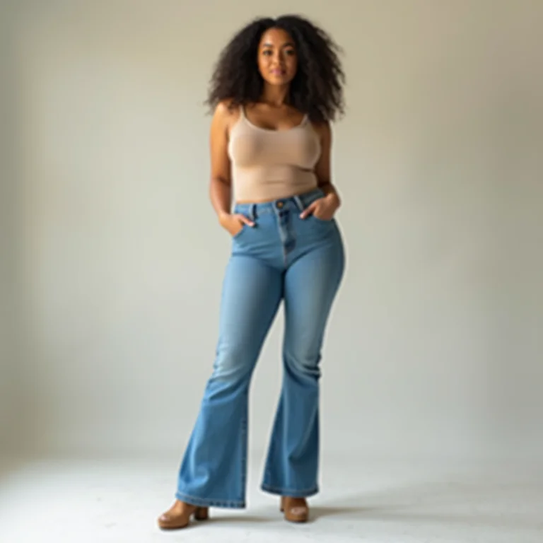 Mulher usando calça boca de sino de cintura alta e sapatos de plataforma, posando confiante.