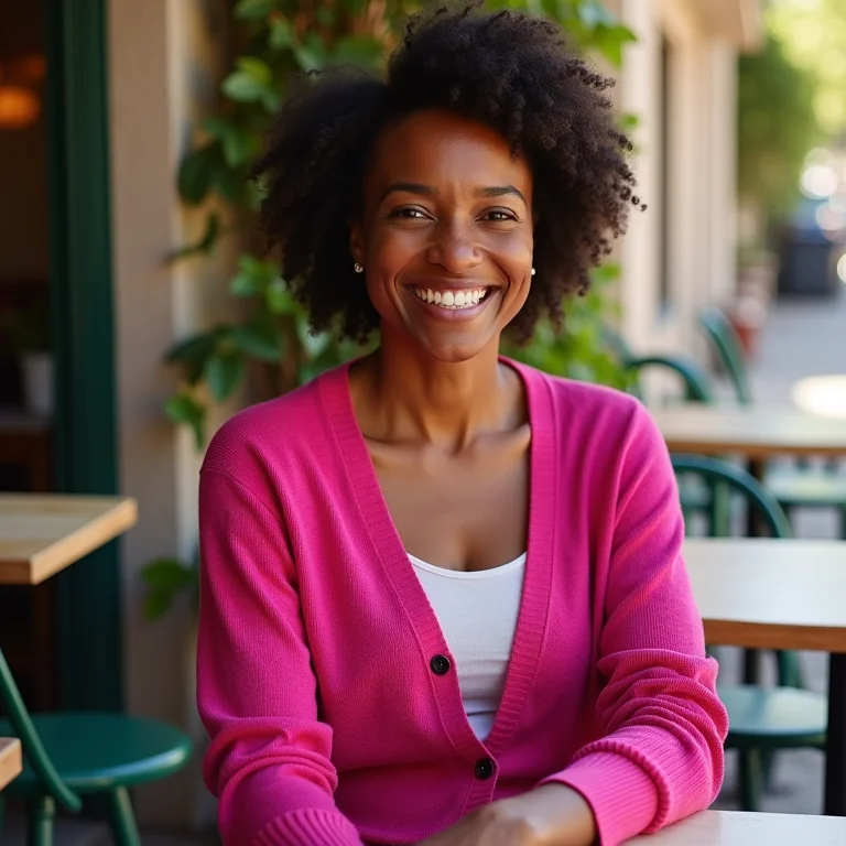 Mulher usando cardigan vibrante em café ensolarado