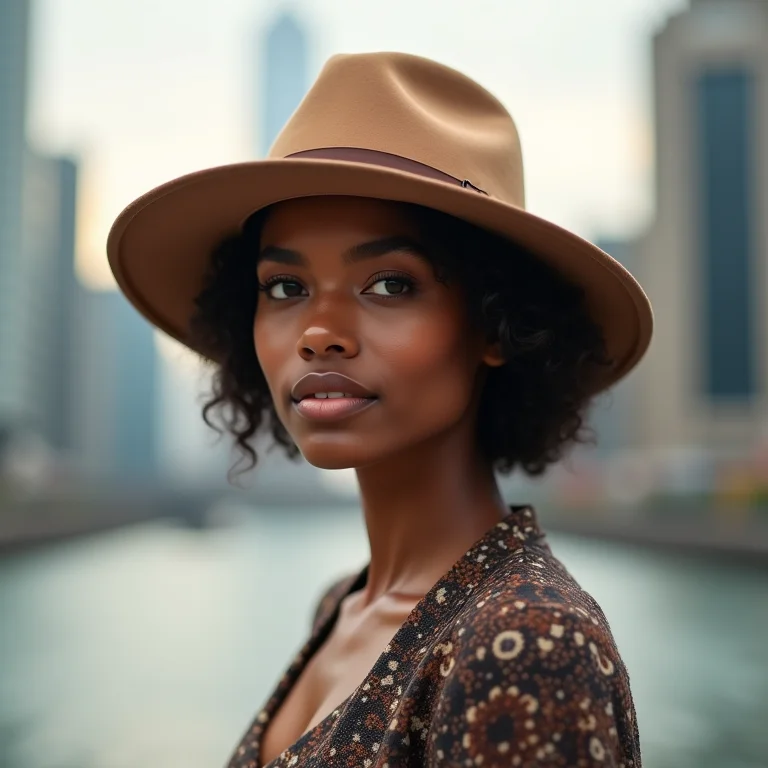 Mulher usando chapéu de aba curta em cidade moderna