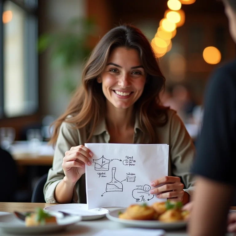 Mulher usando desenho para se comunicar com garçom em viagem.