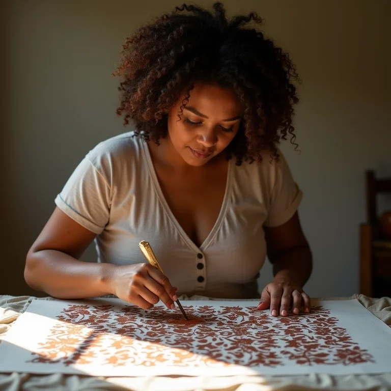 Mulher usando estêncil para pintura em tecido.