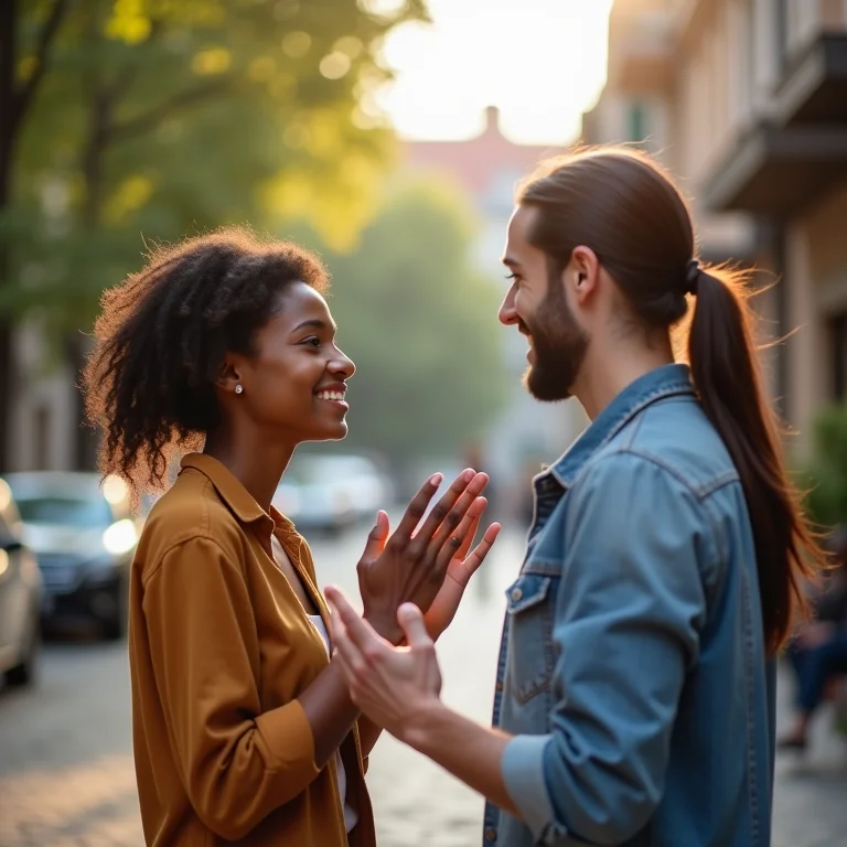Mulher usando linguagem gestual para se comunicar em viagem.