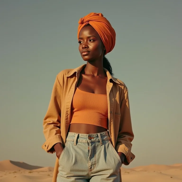 Mulher usando turbante em look casual