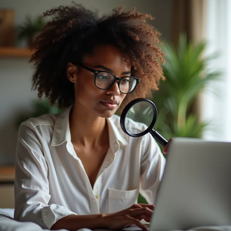 Mulher verificando credenciais de terapeuta online no laptop