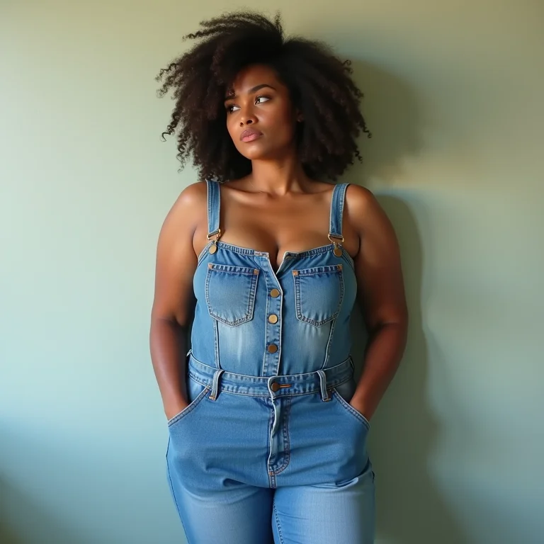 Mulher vestindo macacão jeans desbotado, com expressão desconfortável