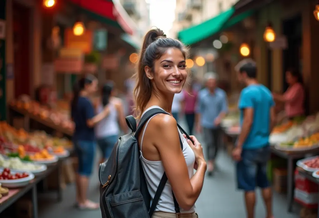 Mulher viajando sozinha, explorando um mercado estrangeiro com confiança.