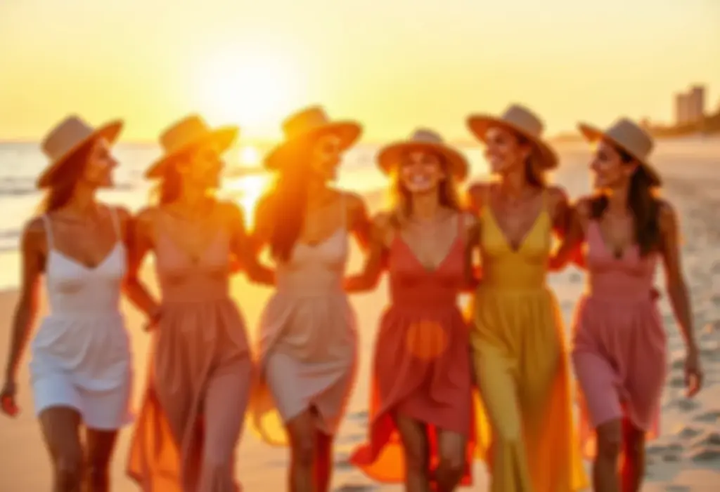 Mulheres celebrando o Ano Novo na praia com looks leves e elegantes