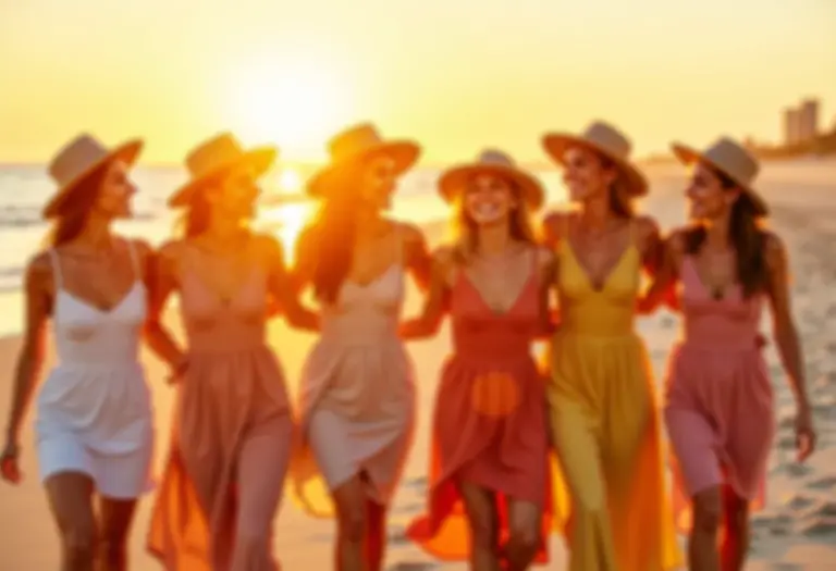 Mulheres celebrando o Ano Novo na praia com looks leves e elegantes