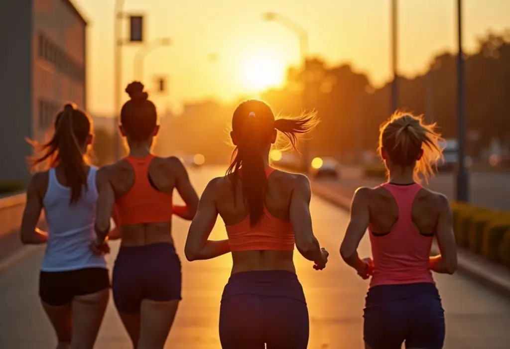 Mulheres correndo juntas ao nascer do sol em ambiente urbano