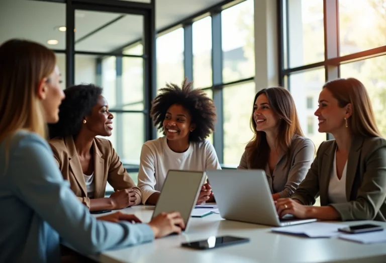 Mulheres de sucesso em ambiente de trabalho moderno e inspirador