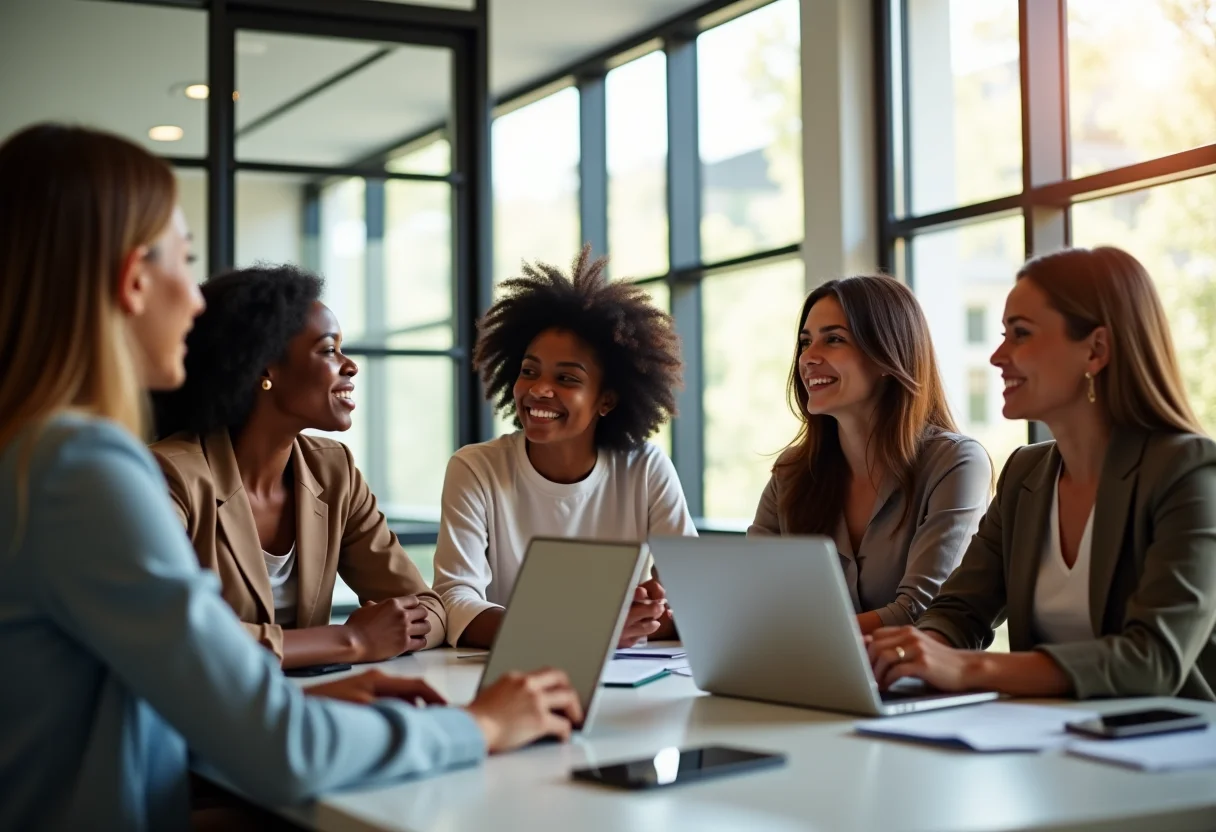Mulheres de sucesso em ambiente de trabalho moderno e inspirador