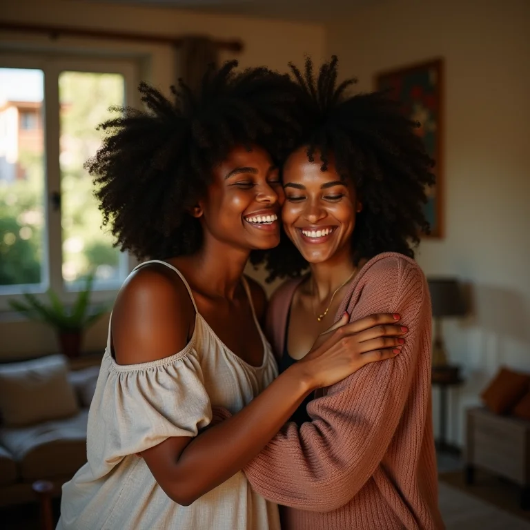 Mulheres diversas abraçadas em uma sala aconchegante, simbolizando laços afetivos fortes.