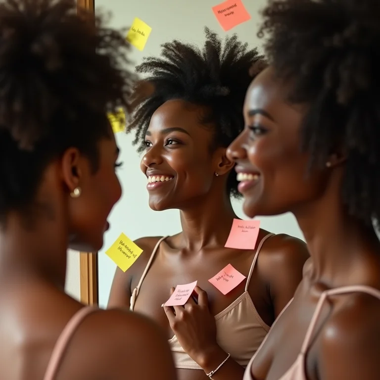 Mulheres diversas admirando seus reflexos com autoconfiança