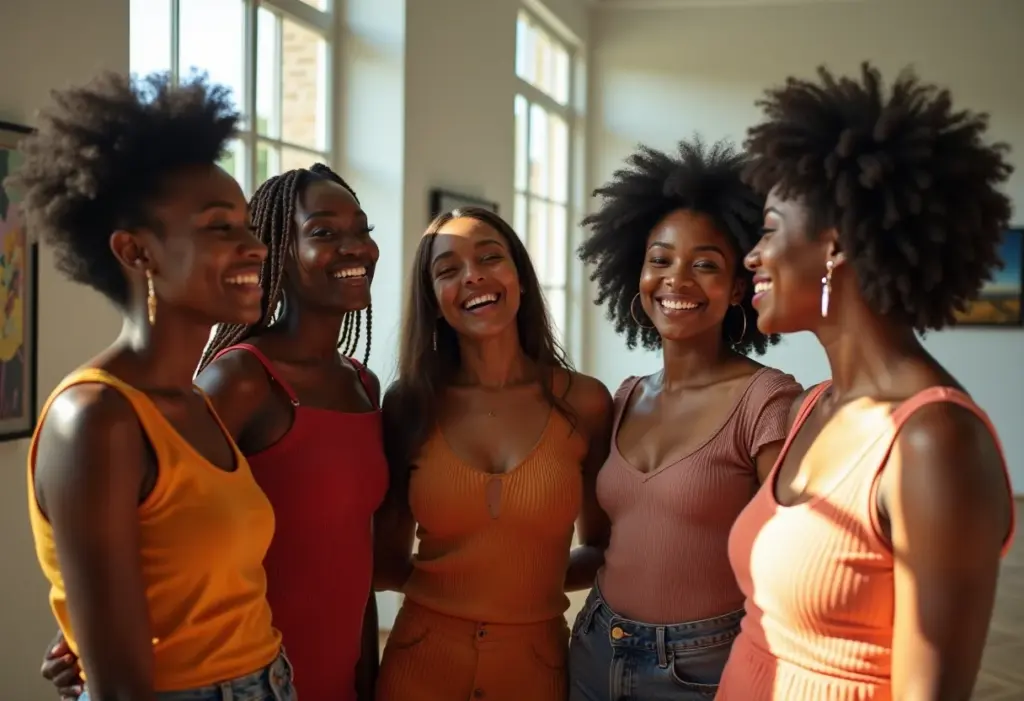 Mulheres diversas celebrando a moda como expressão artística em uma galeria ensolarada.
