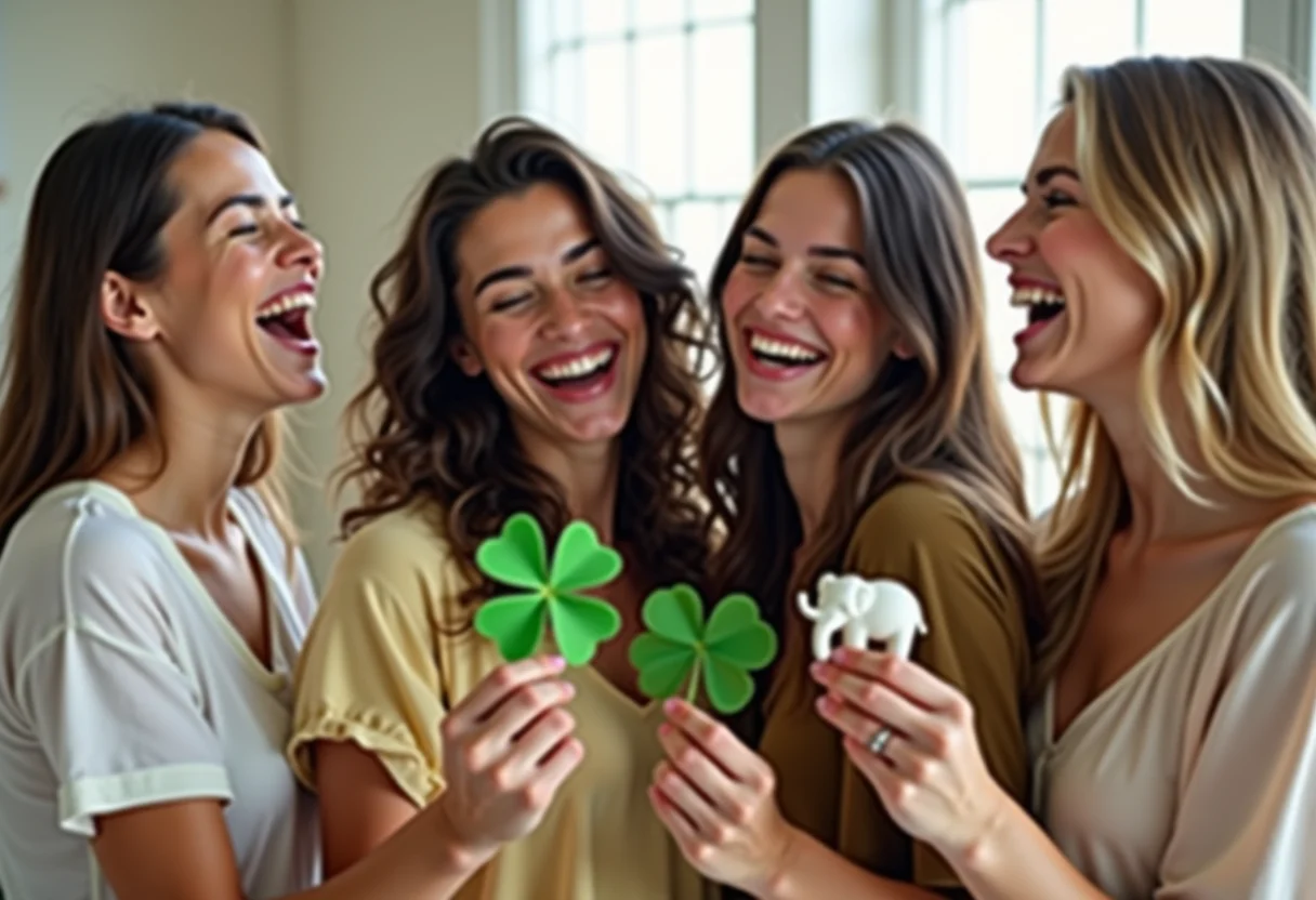 Mulheres diversas celebrando com amuletos da sorte